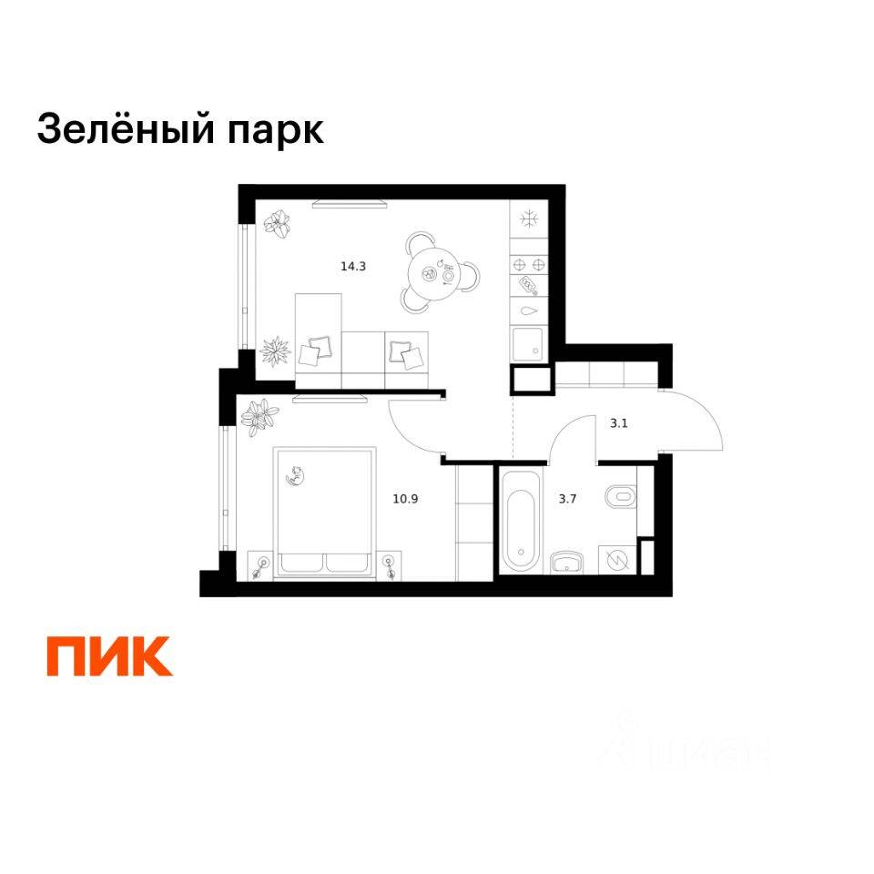 1-комн. квартира, 32 м², в ЖК Зеленый парк