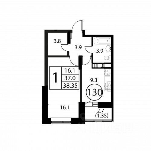 1-комн. квартира, 38,35 м², в ЖК Космос