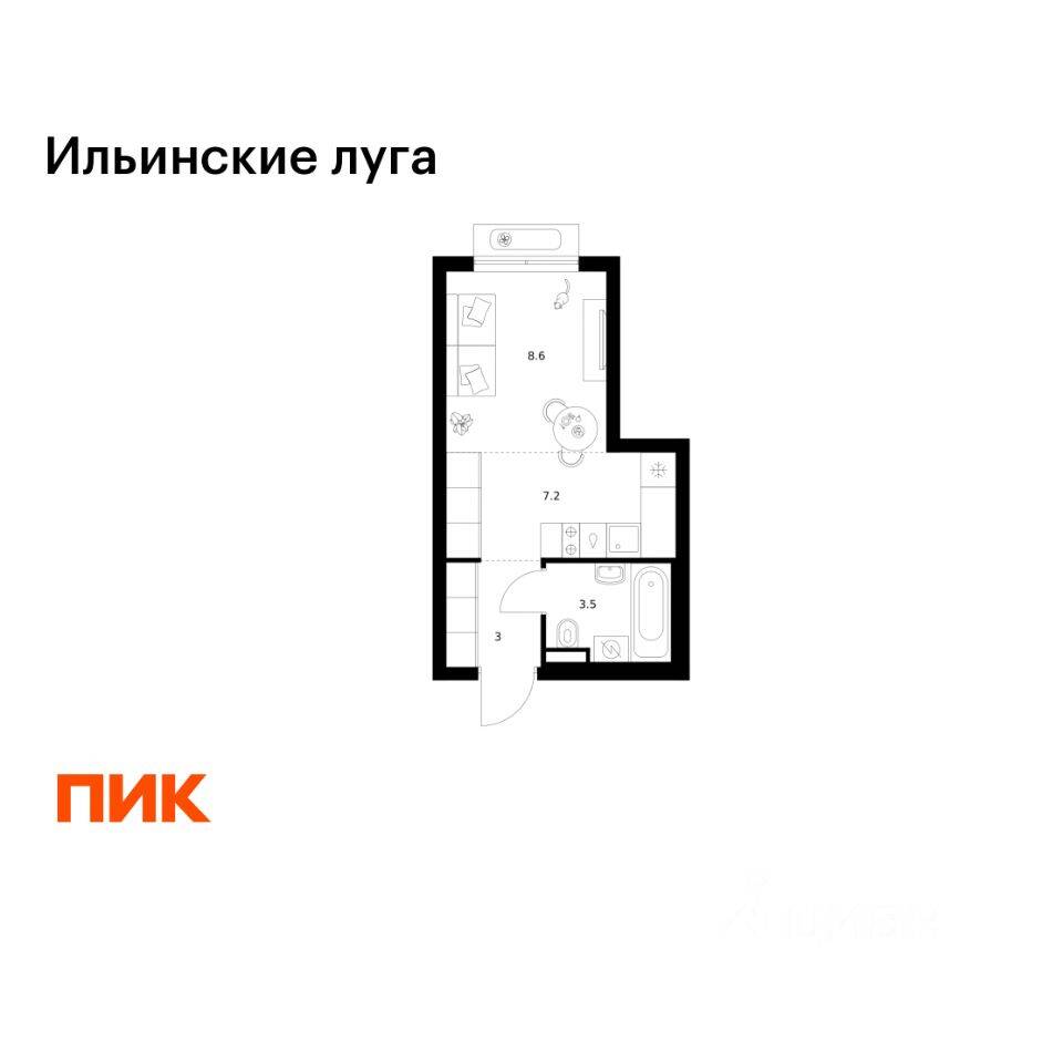 Планировка 1 комнатной квартиры, 22.3 м², в «Ильинские луга»