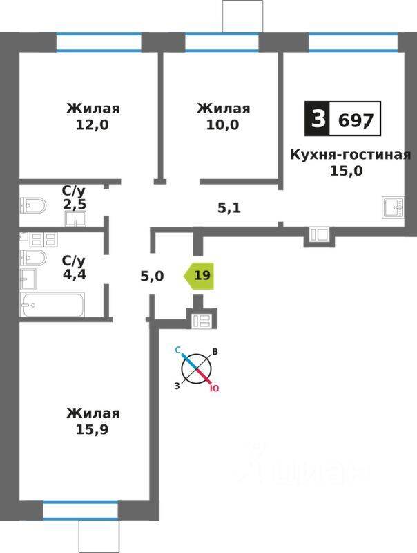 3-комн. квартира, 69,9 м², в ЖК Лесная Отрада