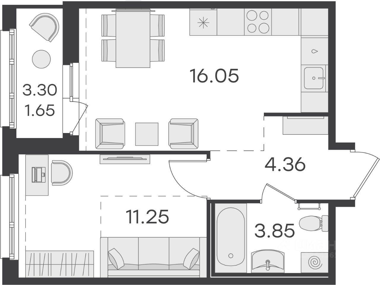 Планировка 1 комнатной квартиры, 37.1 м², в «GloraX Парголово»