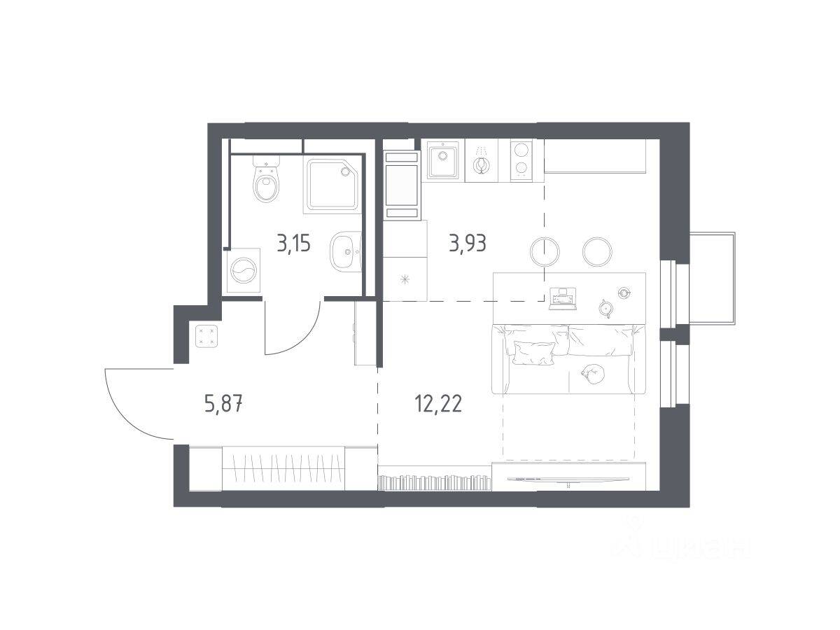 Планировка 1 комнатной квартиры, 25.17 м², в «Большое Путилково»