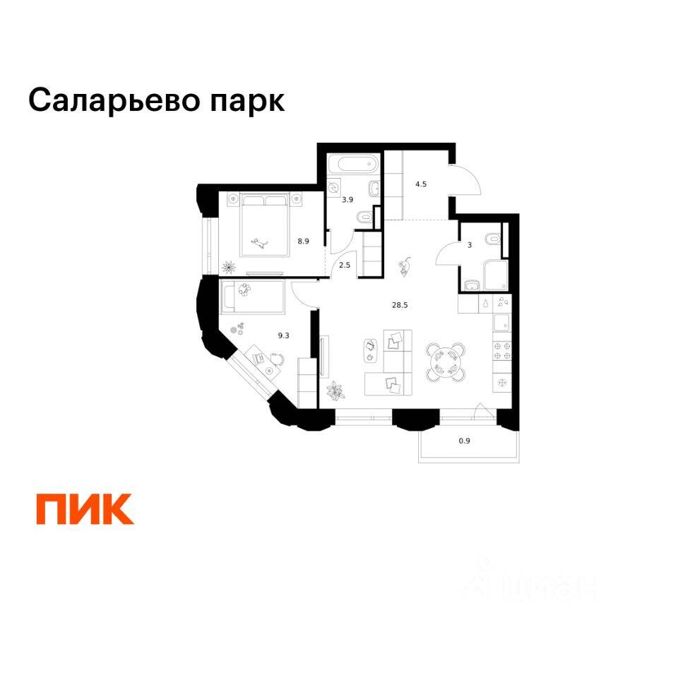 2-комн. квартира, 61,5 м², в ЖК «Саларьево парк»