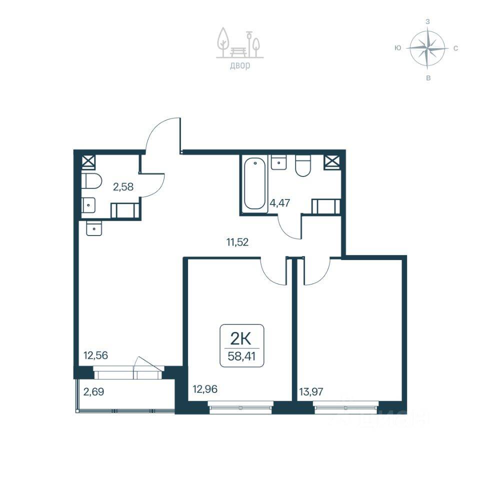 Планировка 2 комнатной квартиры, 58.41 м², в «Расцветай в Янино»