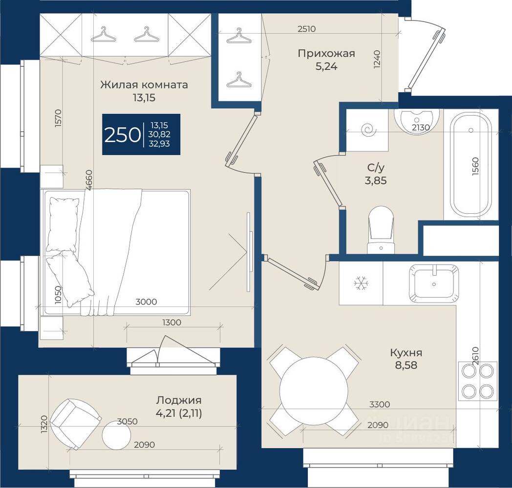 1-комн. квартира, 32,93 м², в ЖК «Новатория»