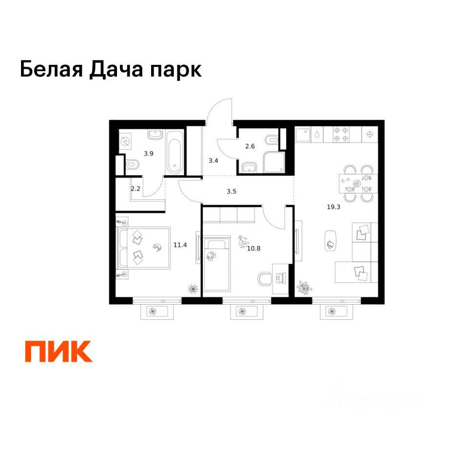 2-комн. квартира, 57,1 м², в ЖК «Белая Дача парк»