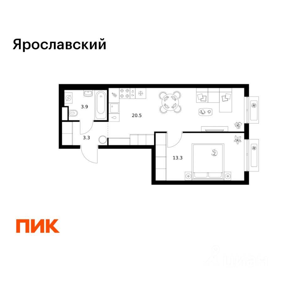 1-комн. квартира, 41 м², в ЖК «Ярославский»