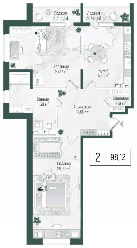 2-комн. квартира, 101,8 м², в ЖК Riga Hills