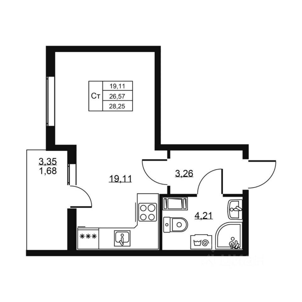 Планировка 1 комнатной квартиры, 28.25 м², в «Высота (Бугры)»