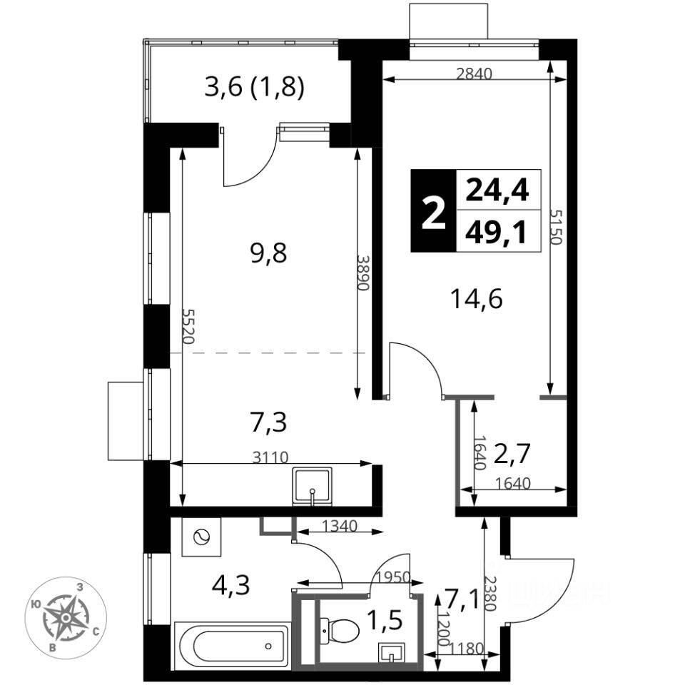 2-комн. квартира, 49,1 м², в ЖК 1-й Донской