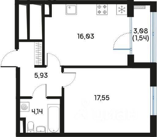 Планировка 1 комнатной квартиры, 45.4 м², в «Регенбоген»