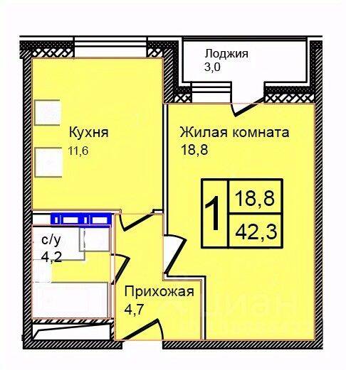 1-комн. квартира, 42,3 м², в ЖК «Троицкий»