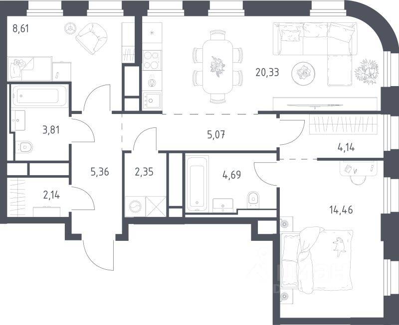 2-комн. квартира, 70,96 м², в ЖК Квартал на воде