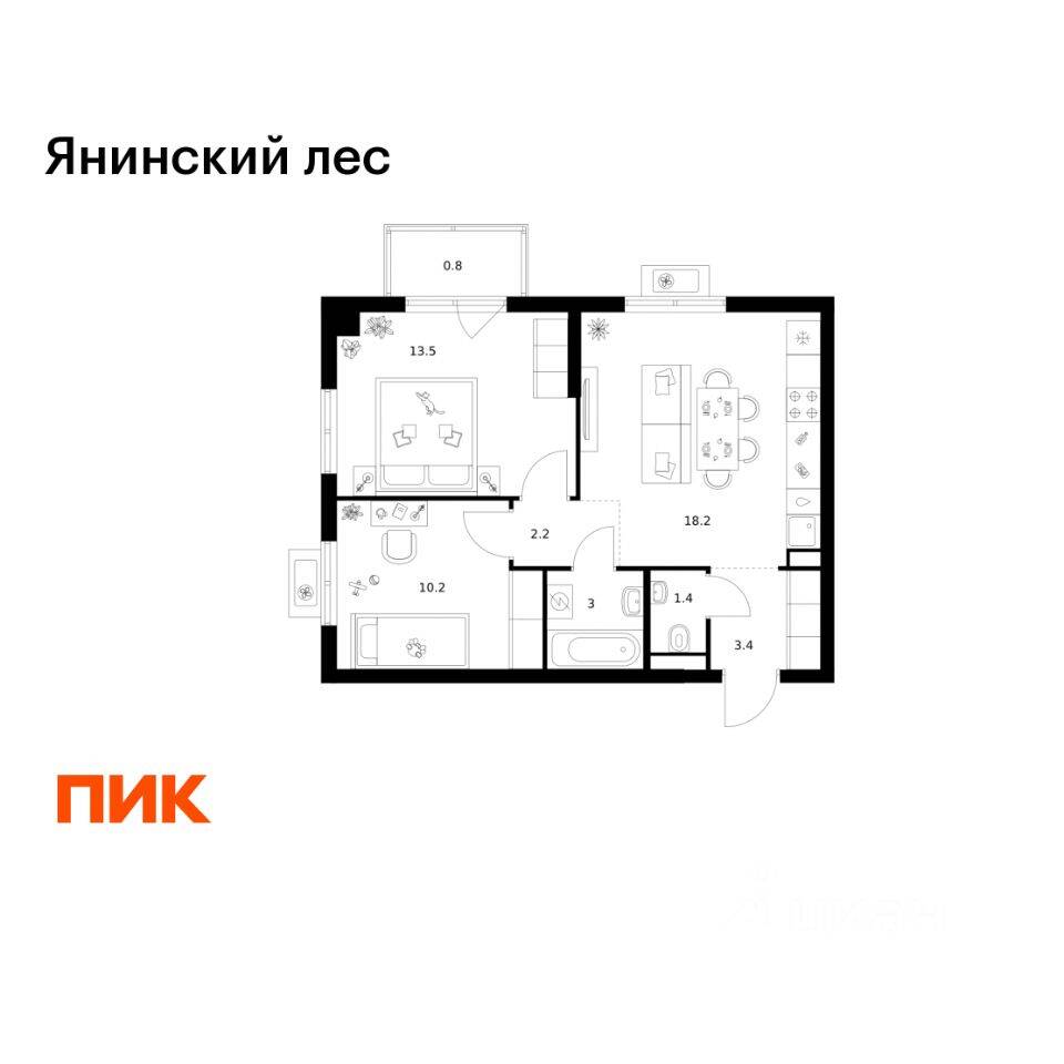 2-комн. квартира, 52,7 м², в ЖК Янинский лес