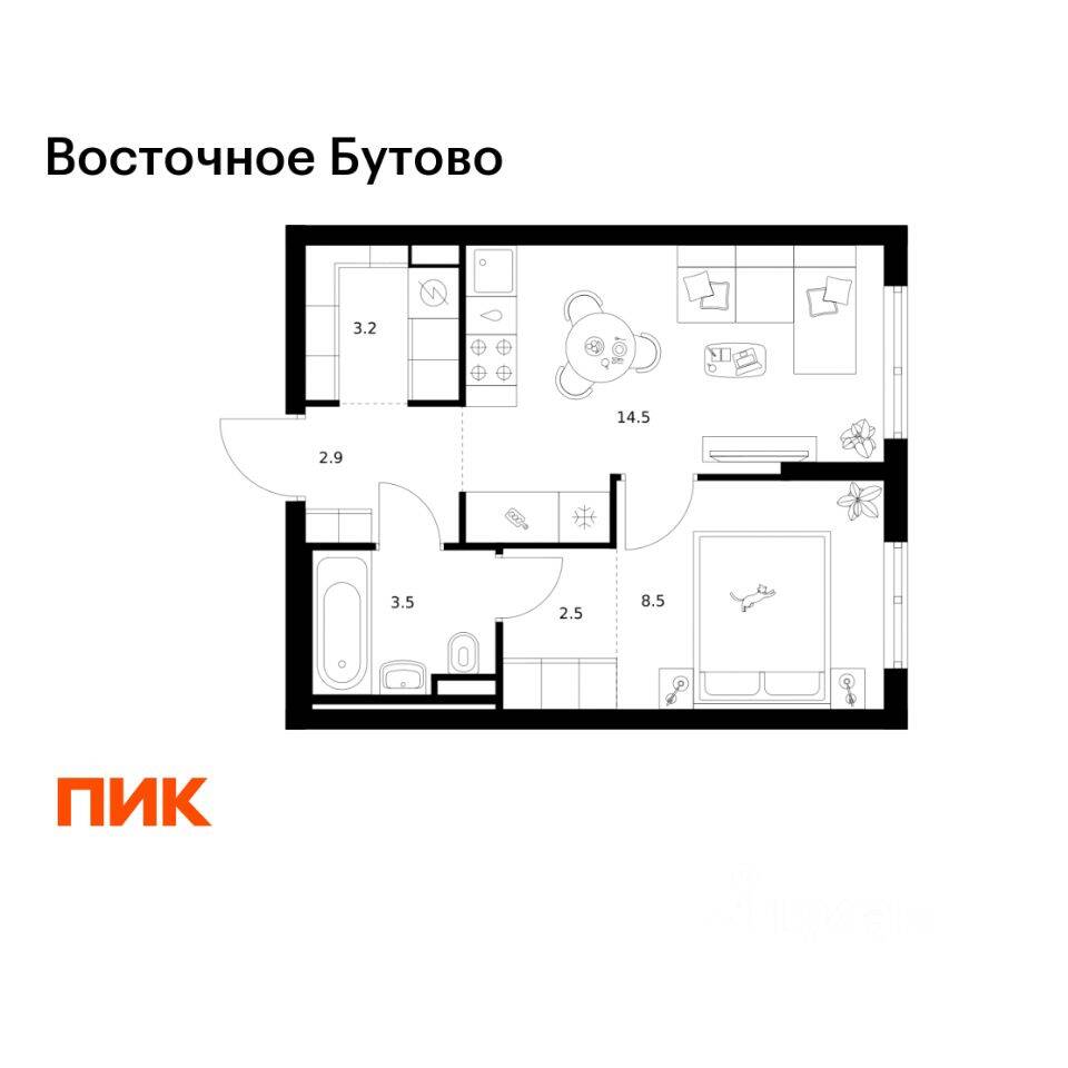 1-комн. квартира, 35,1 м², в ЖК «Восточное Бутово»