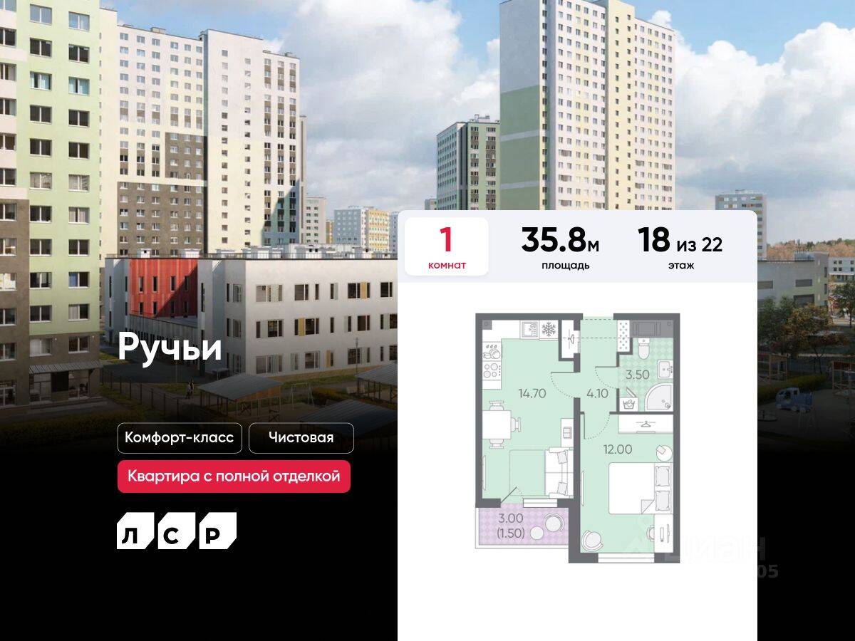 1-комн. квартира, 35,8 м², в ЖК «Ручьи»