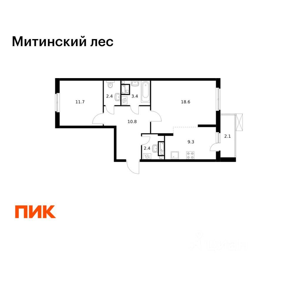 2-комн. квартира, 60,7 м², в ЖК Митинский лес