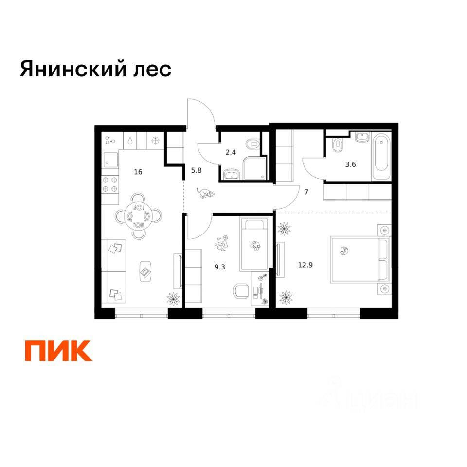 2-комн. квартира, 57 м², в ЖК Янинский лес