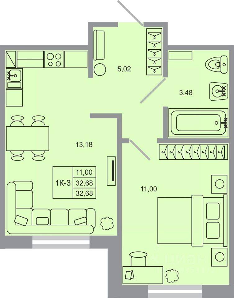 1-комн. квартира, 32,68 м², в ЖК Стороны света-2