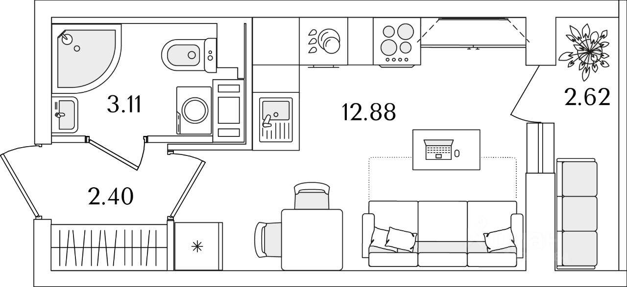 Планировка 1 комнатной квартиры, 19.7 м², в «Кинопарк»
