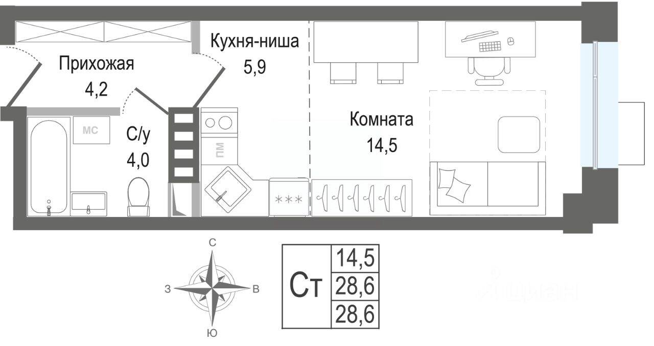Планировка 1 комнатной квартиры, 28.6 м², в «Киноквартал»
