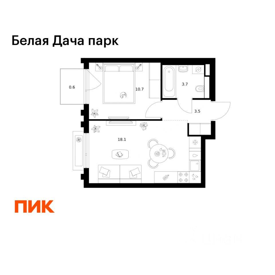 1-комн. квартира, 36,6 м², в ЖК «Белая Дача парк»