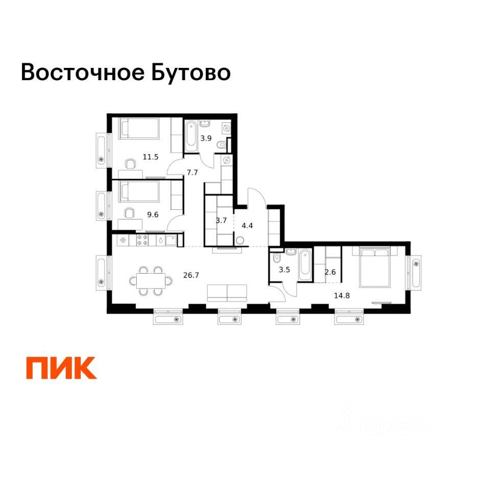 3-комн. квартира, 88,4 м², в ЖК «Восточное Бутово»