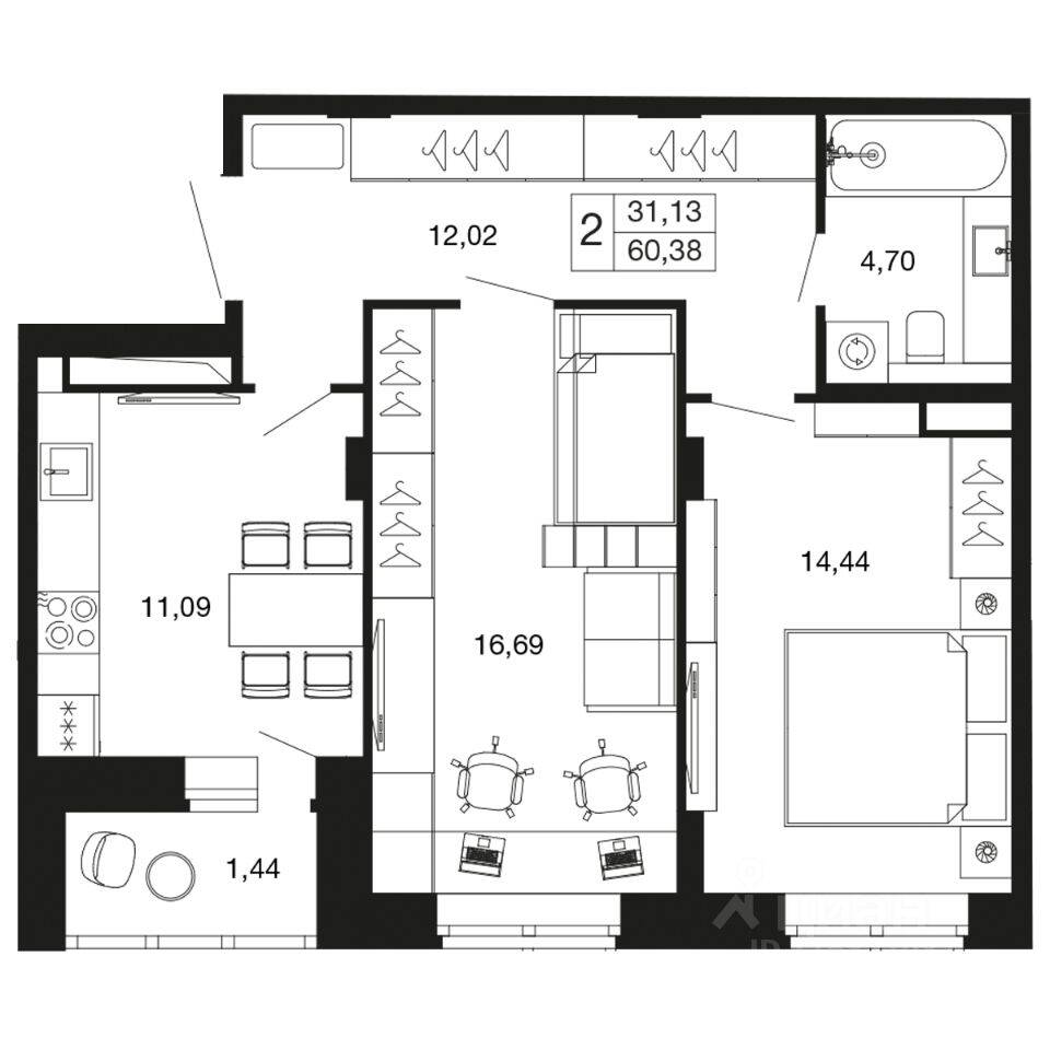 2-комн. квартира, 60,3 м², в ЖК «Времена года»