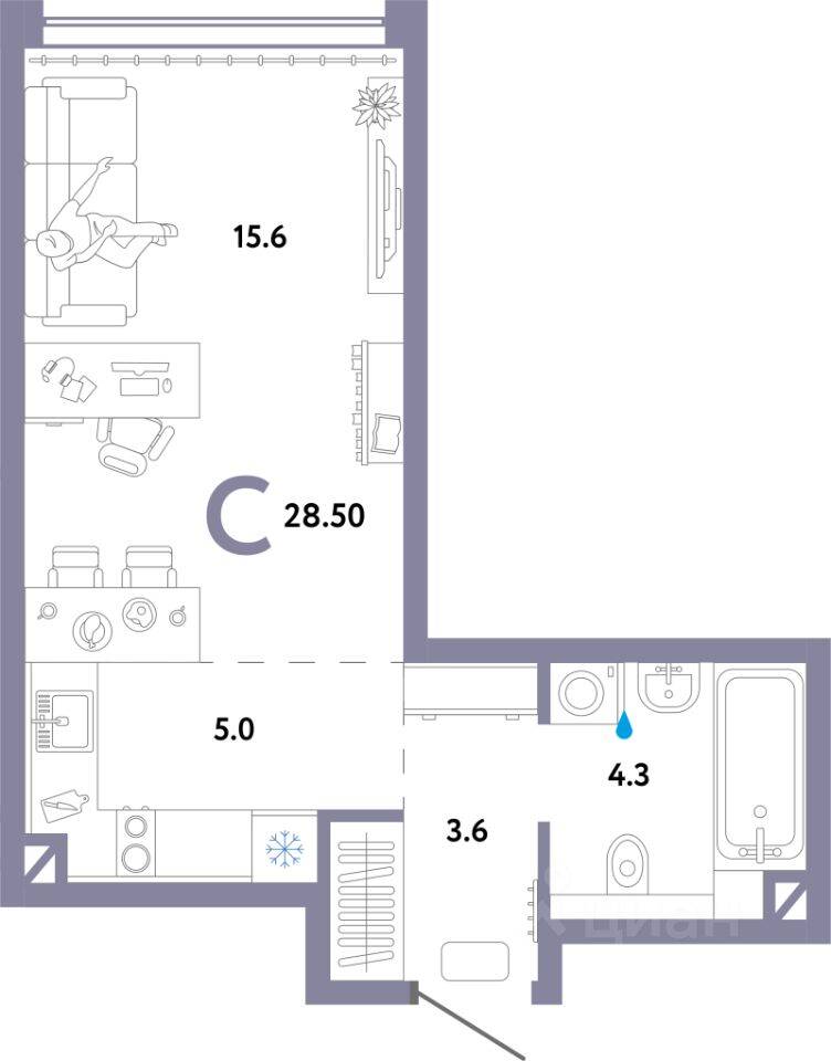 Квартира-студия, 28,5 м², в ЖК Страна.Озерная