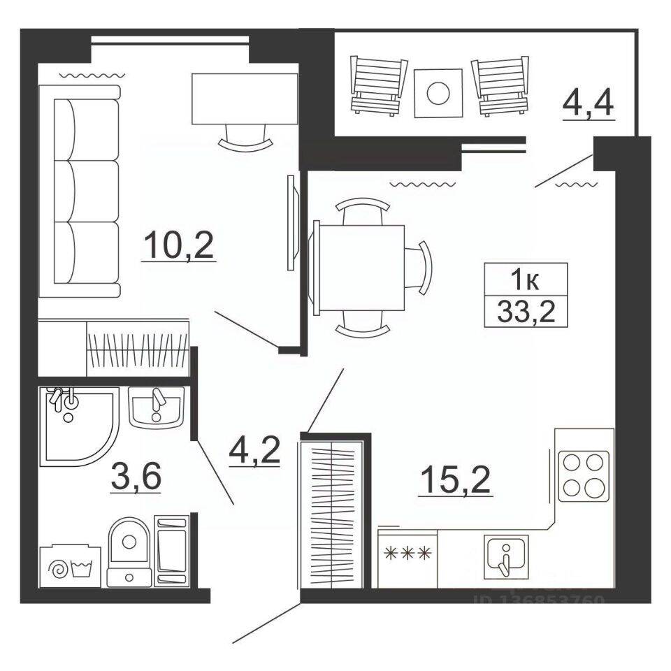 1-комн. квартира, 33,2 м², в ЖК Рубеж