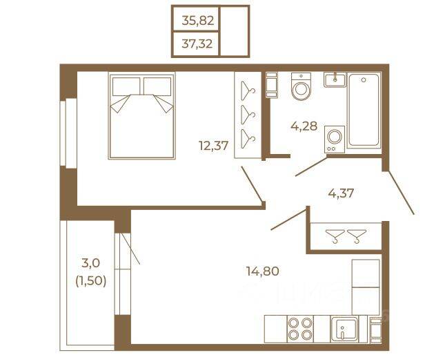 1-комн. квартира, 37,32 м², в Малоэтажный ЖК Новая история