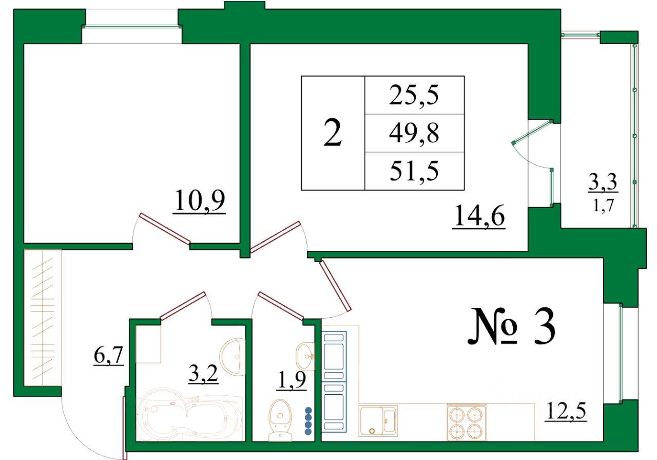 2-комн. квартира, 51,5 м², в ЖК Орловский бульвар