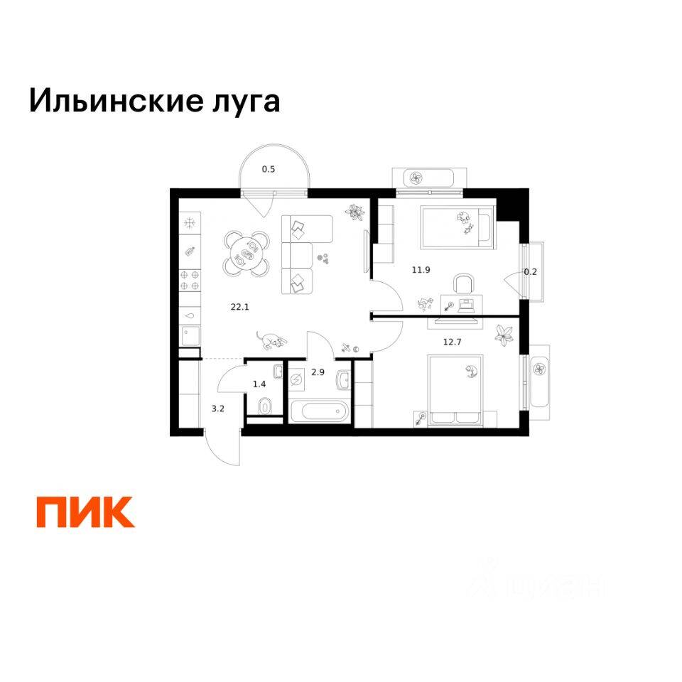 2-комн. квартира, 54,9 м², в ЖК «Ильинские луга»