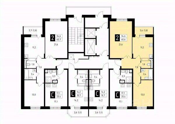 Планировка 2 комнатной квартиры, 60.6 м², в «Школьный (Климовск)»