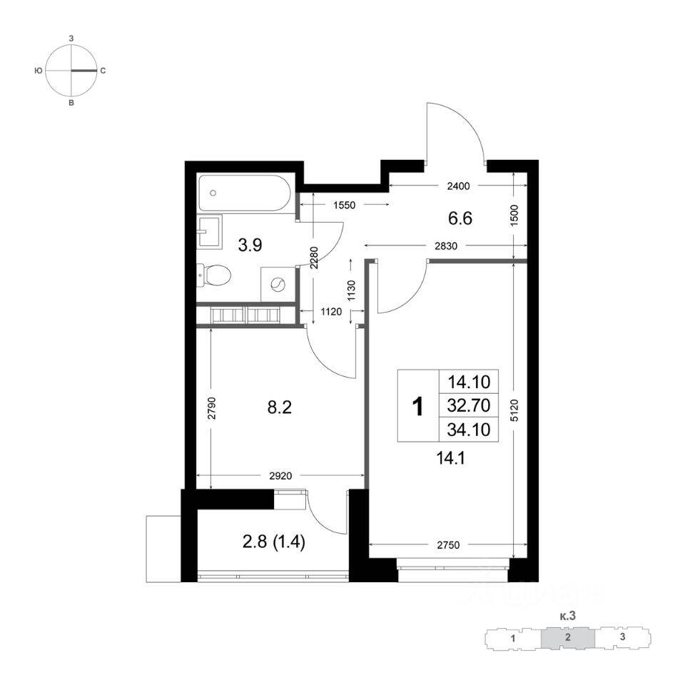 1-комн. квартира, 34,2 м², в ЖК «Легенда Коренево»