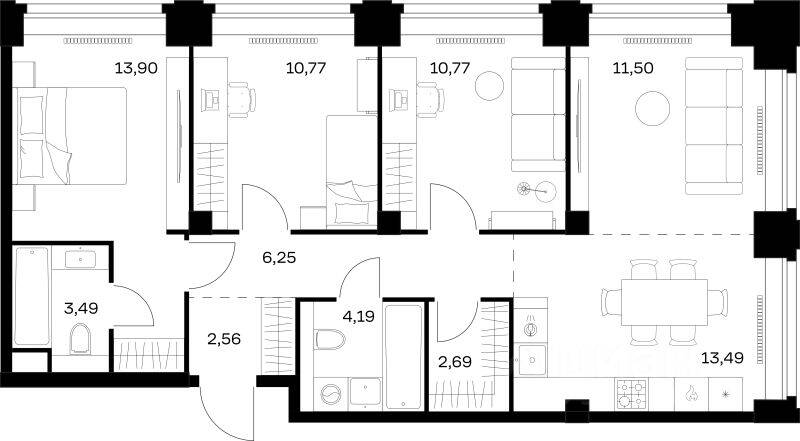 3-комн. квартира, 79,61 м², в ЖК Nova