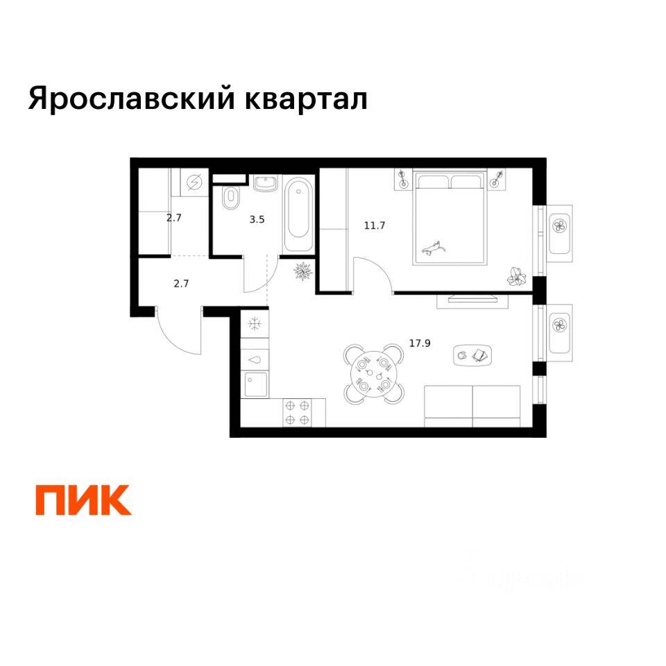 1-комн. квартира, 38,5 м², в ЖК Ярославский квартал