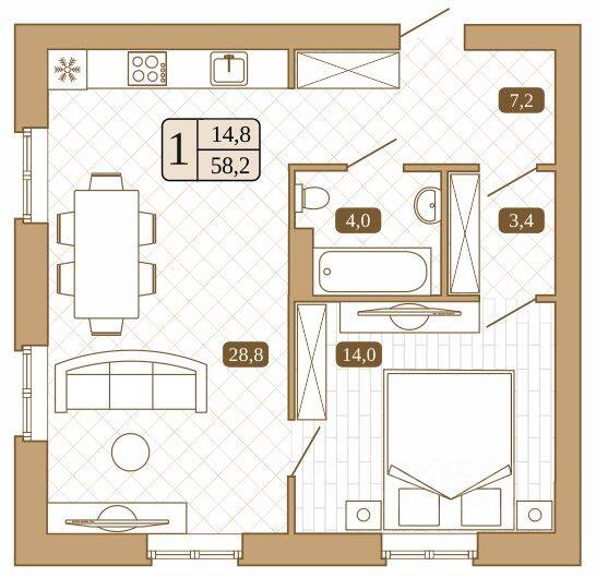 Планировка 1 комнатной квартиры, 58.2 м², в «Белый город (Сергиев Посад)»