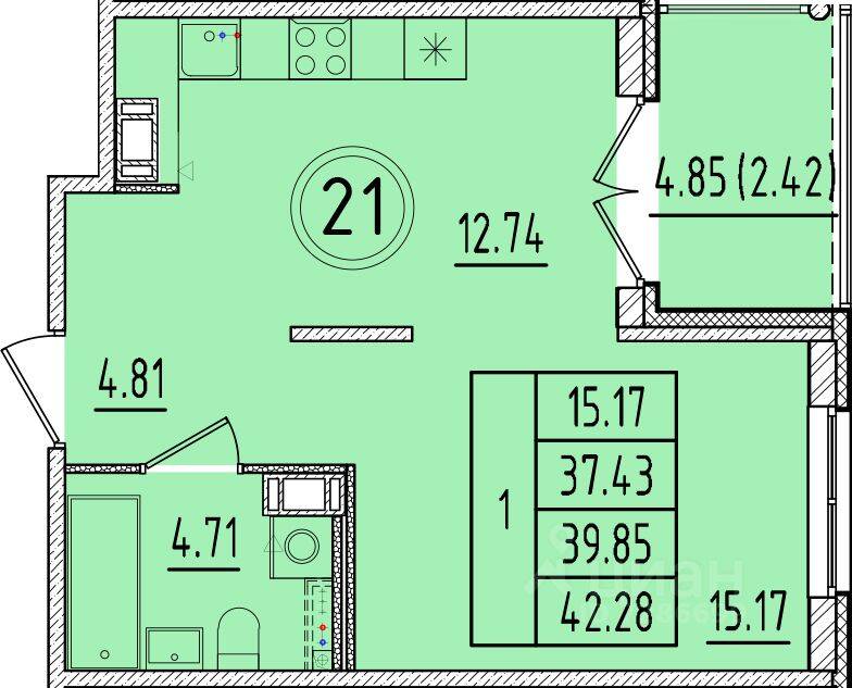 1-комн. квартира, 37,43 м², в Малоэтажный ЖК Образцовый квартал 17