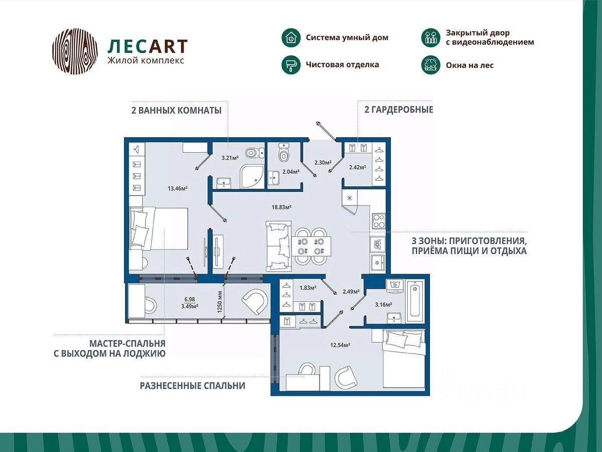 2-комн. квартира, 65,77 м², в ЖК ЛесART