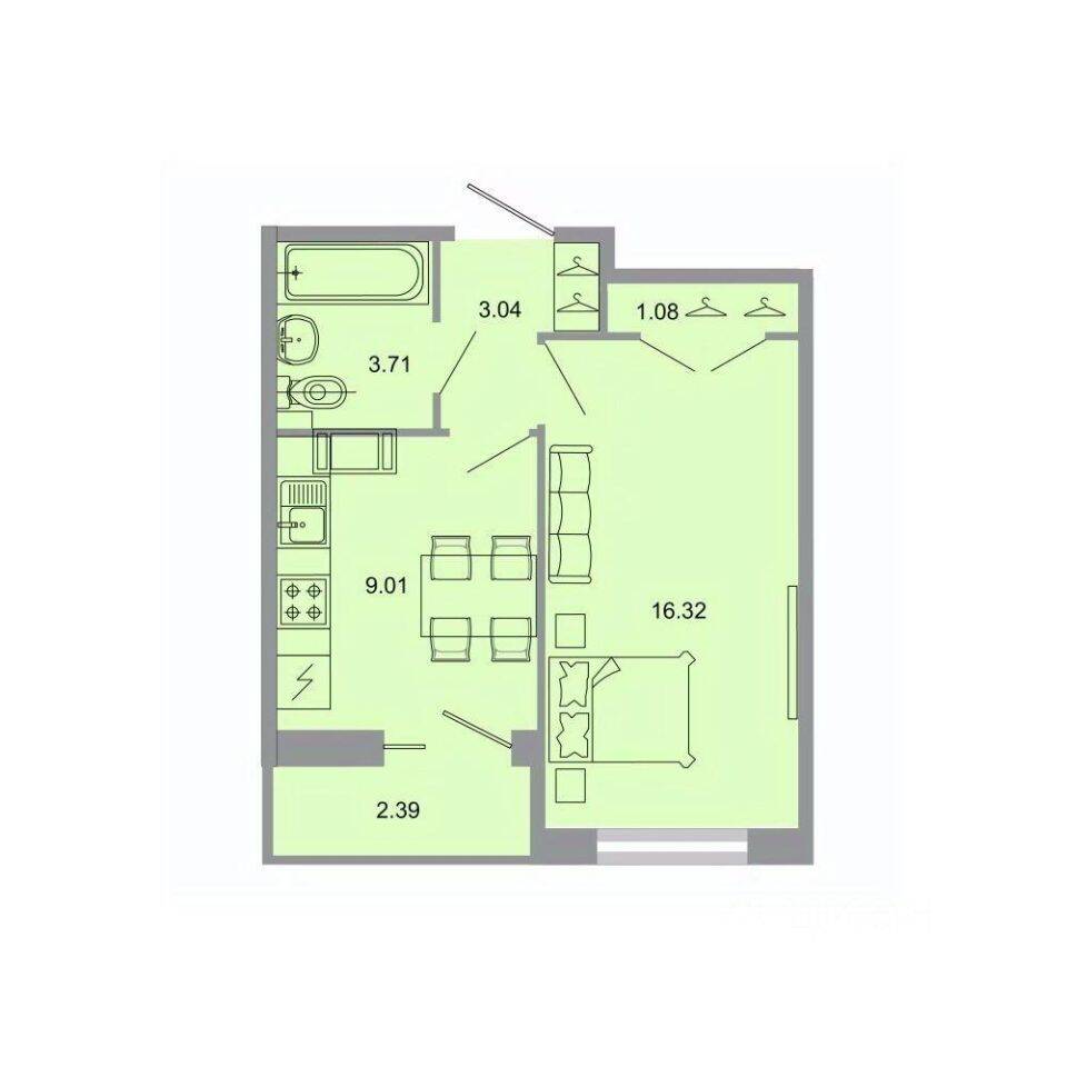 Планировка 1 комнатной квартиры, 33.7 м², в «Стороны света»