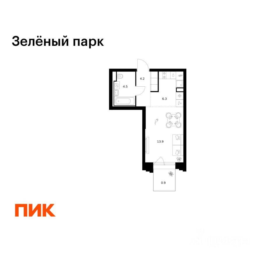Планировка 1 комнатной квартиры, 29.8 м², в «Зеленый парк»