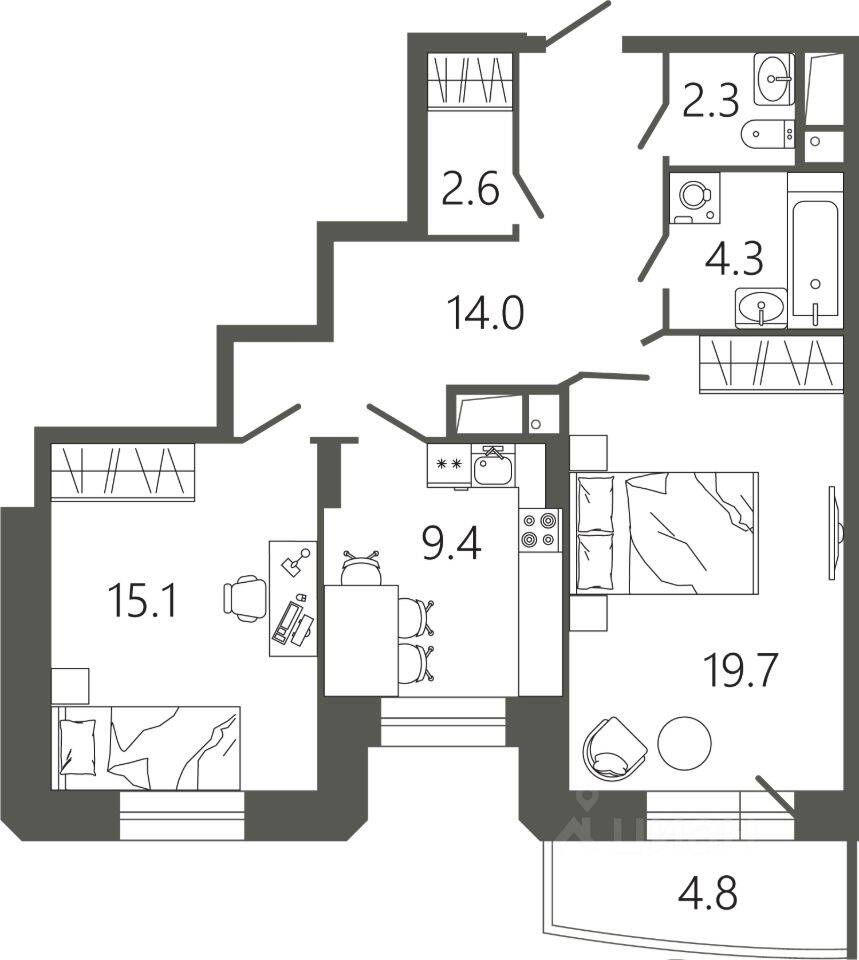 2-комн. квартира, 68,8 м², в ЖК «Советская 18»