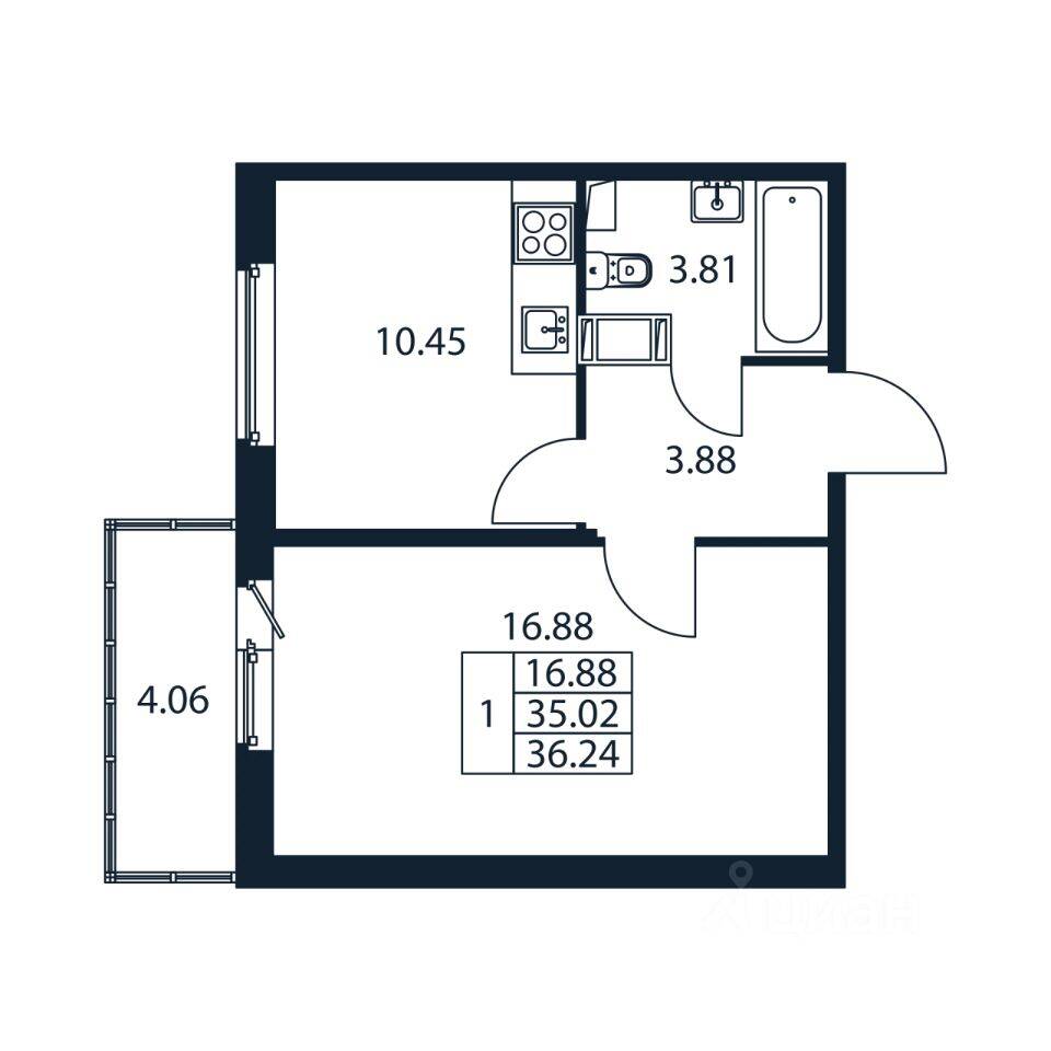 1-комн. квартира, 35,72 м², в ЖК Полис ЛАВрики
