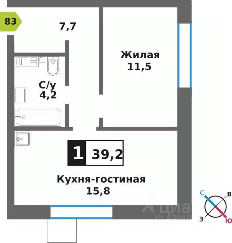 Планировка 1 комнатной квартиры, 39.2 м², в «Лесная Отрада»