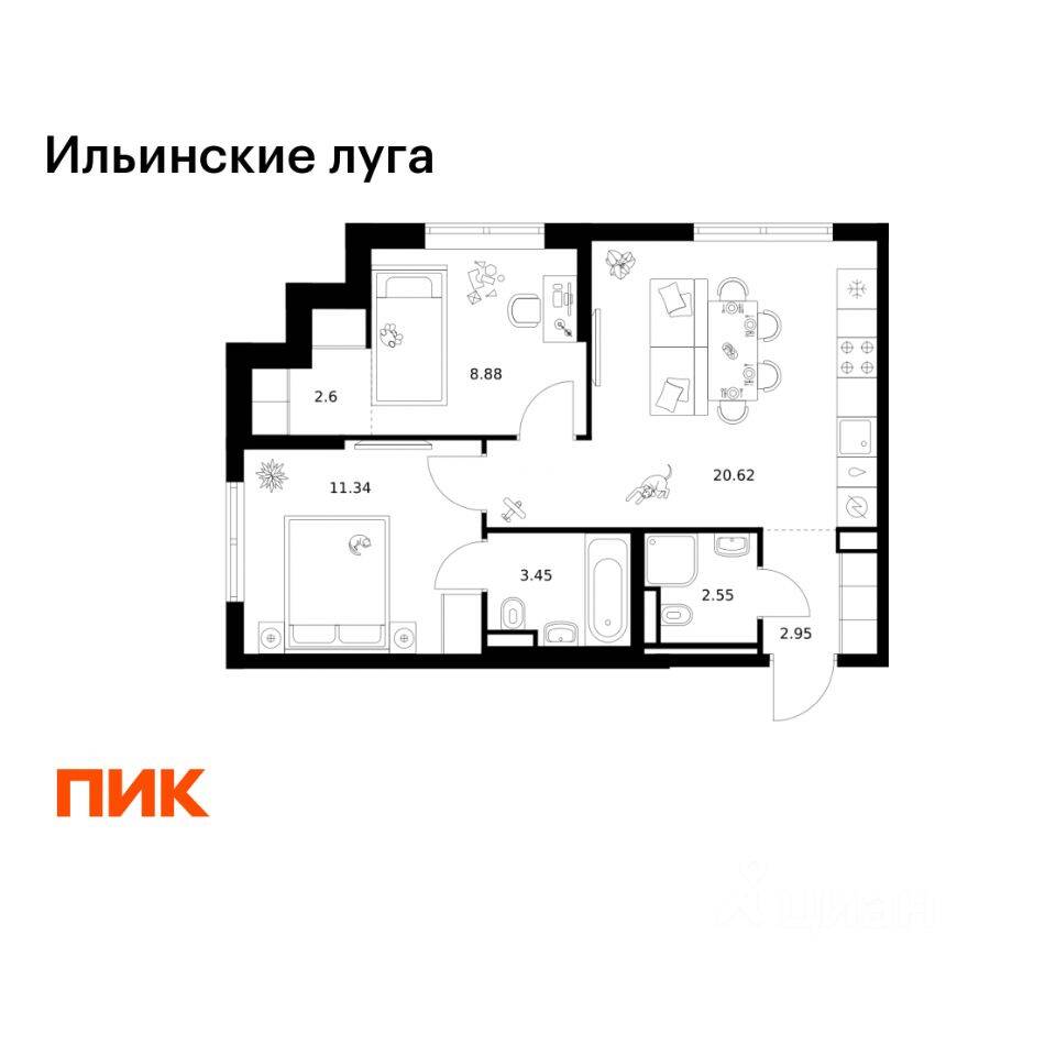 2-комн. квартира, 52,39 м², в ЖК «Ильинские луга»