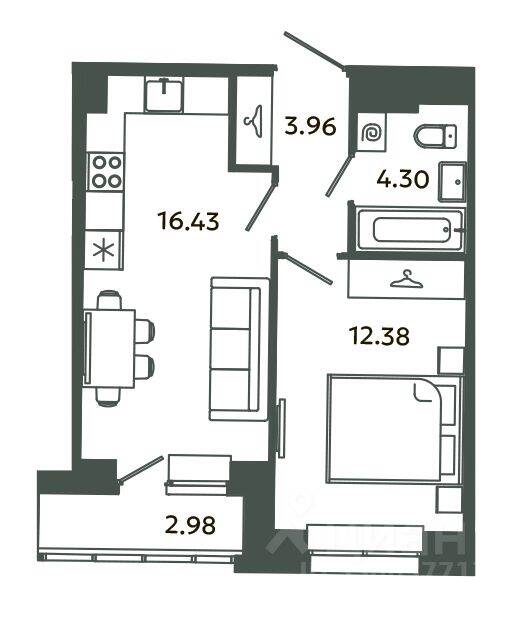 1-комн. квартира, 36,86 м², в ЖК Загляденье