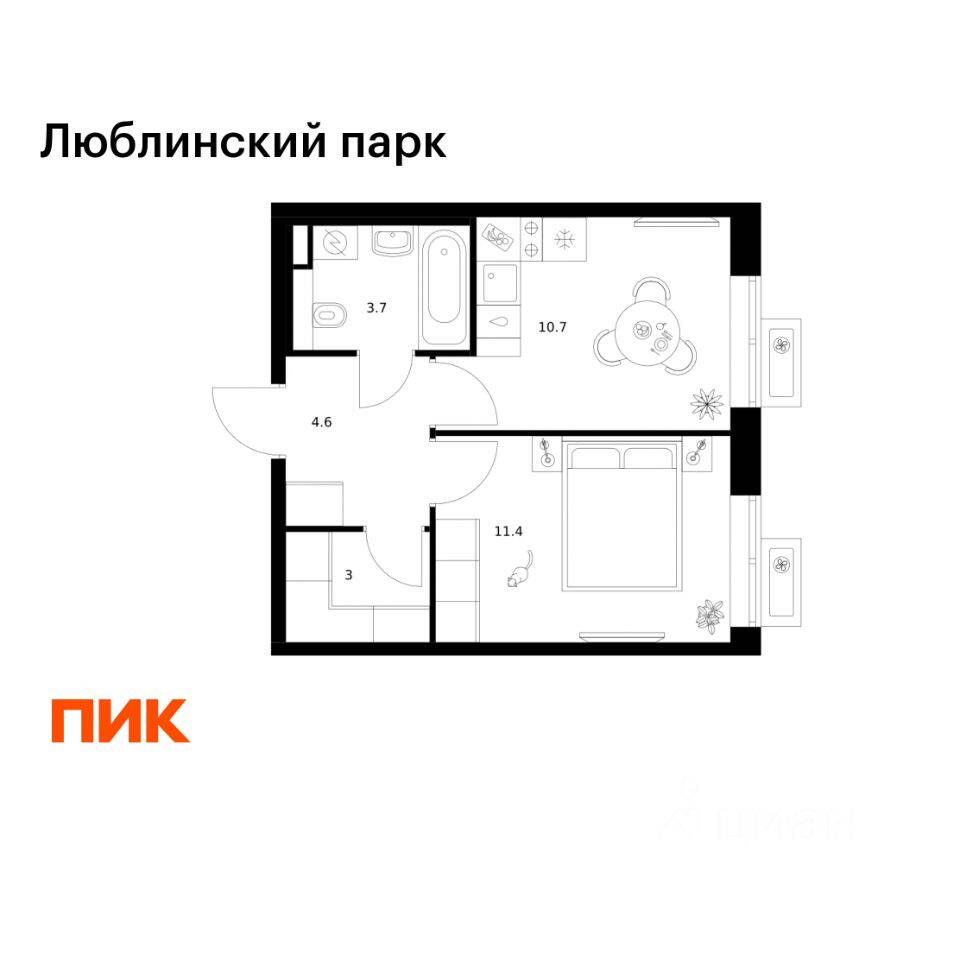 1-комн. квартира, 33,4 м², в ЖК «Люблинский парк»