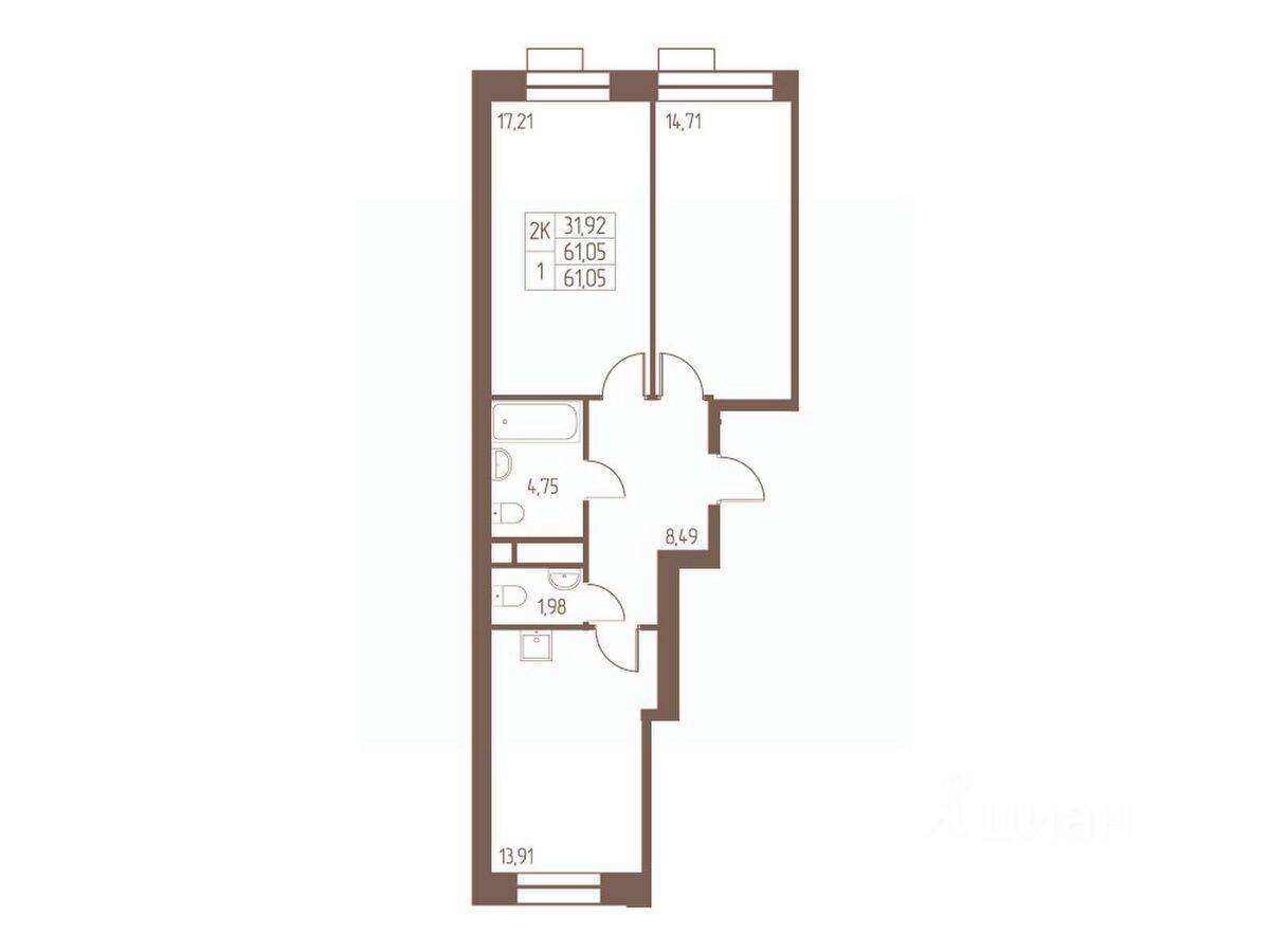 2-комн. квартира, 61,1 м², в ЖК Западная Ивантеевка