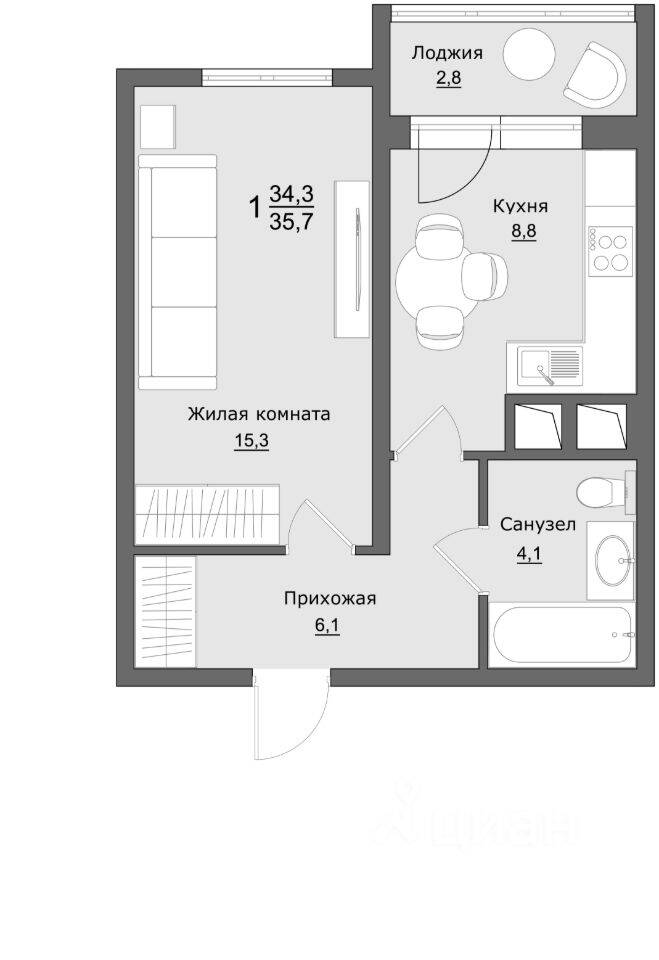 Планировка 1 комнатной квартиры, 35.7 м², в «Клевер»